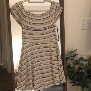 Off the shoulder fit and flare stripped dress